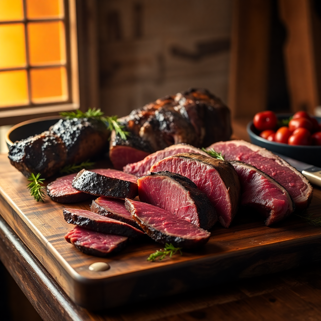 Premium prime beef cuts and smoked meats on a rustic wooden butcher block