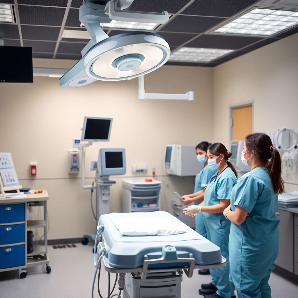 medical training facility with healthcare students, medical equipment, hospital setting