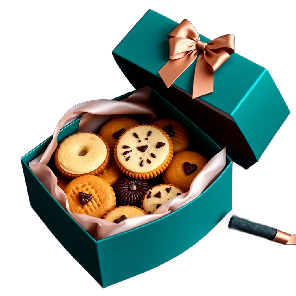 luxury aesthetic cookie gift box open, assortment of cookies inside, elegant packaging