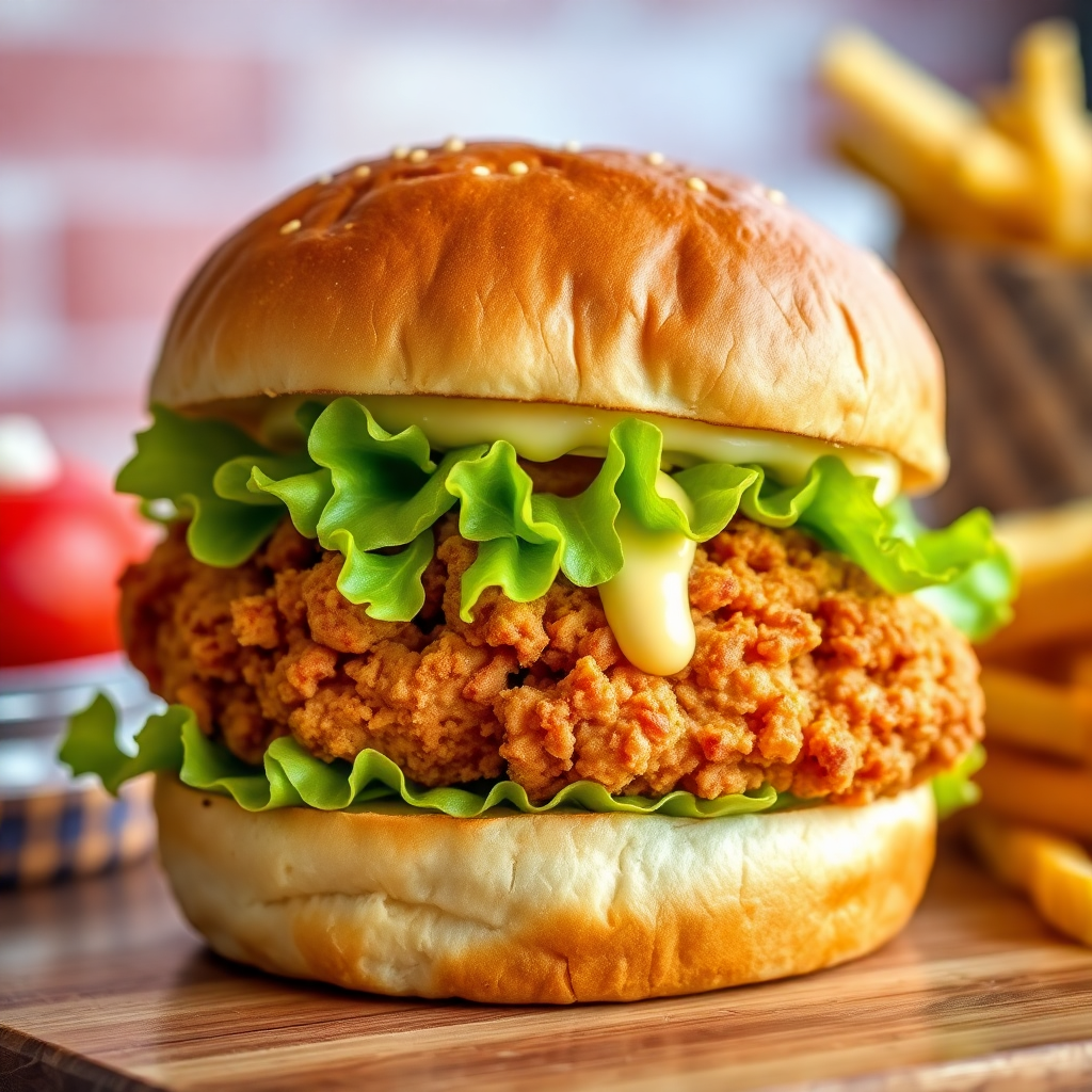 Crispy chicken burger with lettuce and mayo, fast food style, vibrant image
