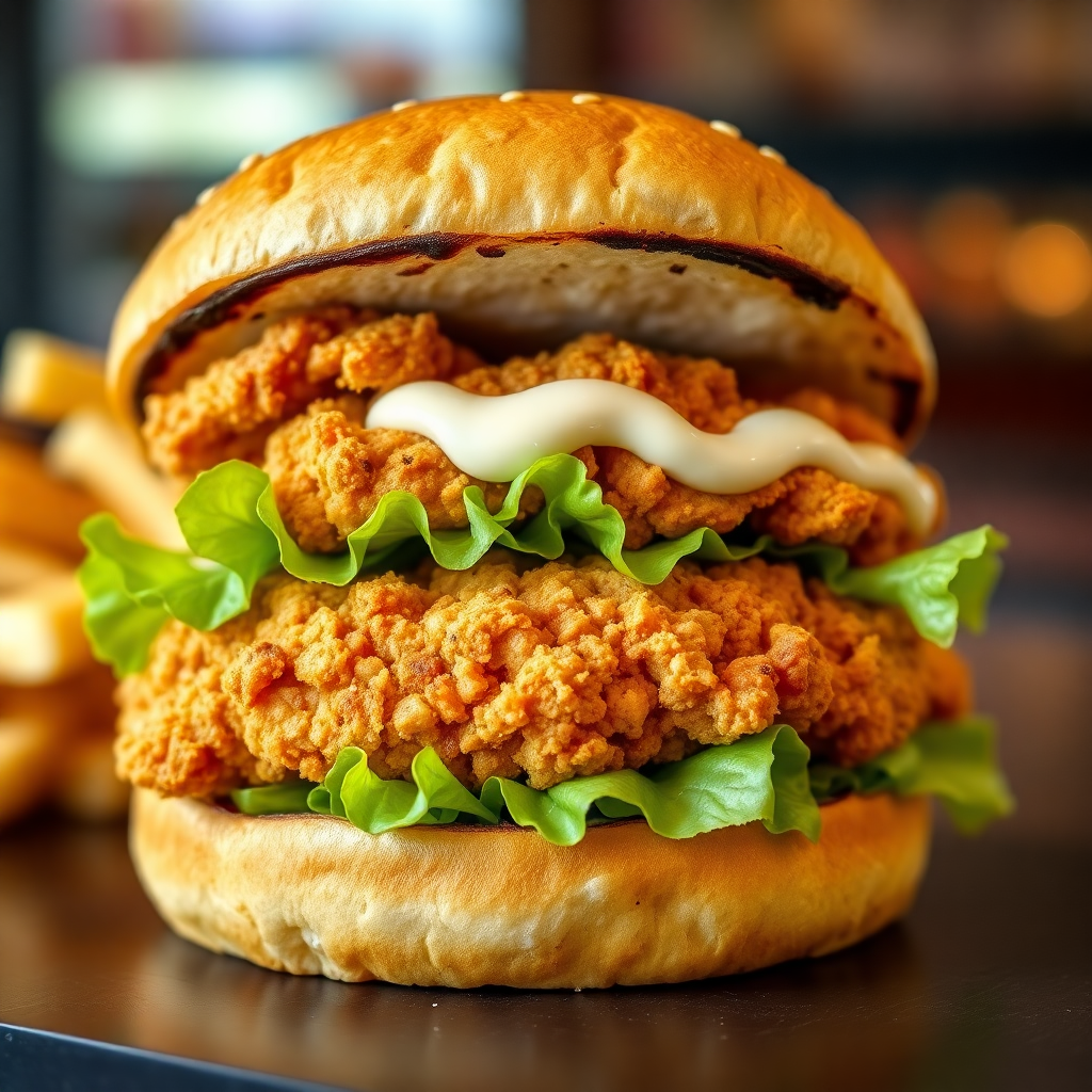 Crispy chicken burger with lettuce and mayo, fast food style, vibrant image
