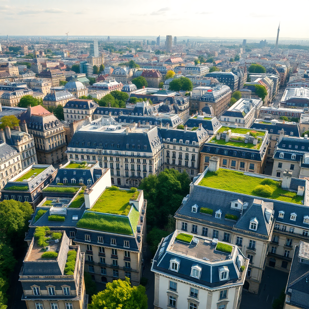 Aerial view of Paris with sustainable green roofs and modern eco-friendly architecture blending with historic buildings