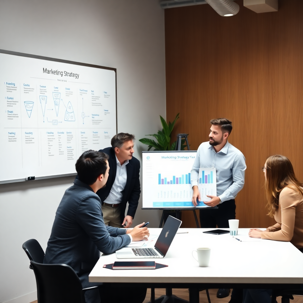digital marketing strategy workshop, team creating customized roadmap for Pune business, whiteboard with campaign diagrams, strategic planning session, professional workspace setting