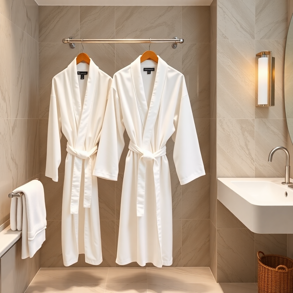 luxury cotton bathrobes hanging in spa bathroom, premium hotel style robes
