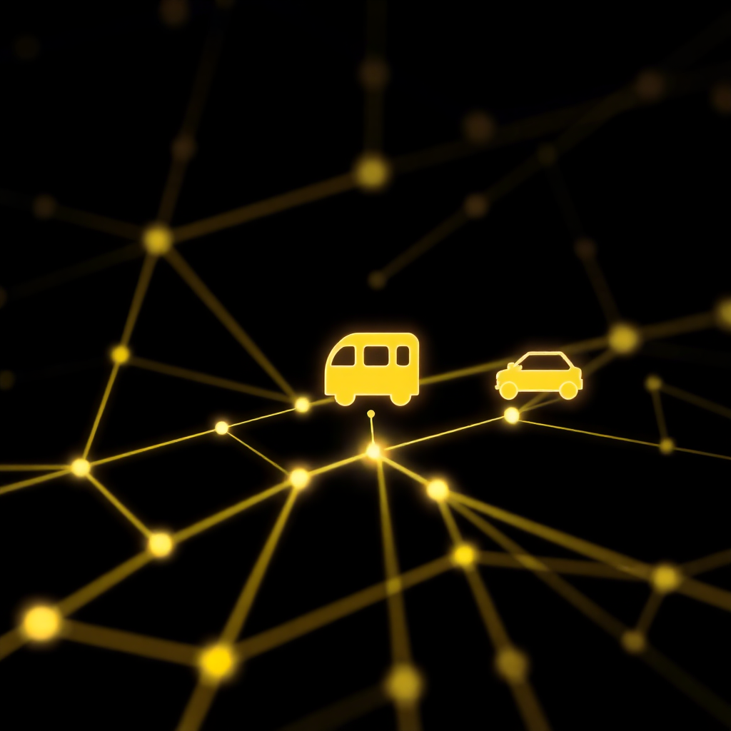 abstract futuristic image representing connectivity and networks, glowing yellow lines on a dark background, connecting a train icon and a car icon, high-tech style
