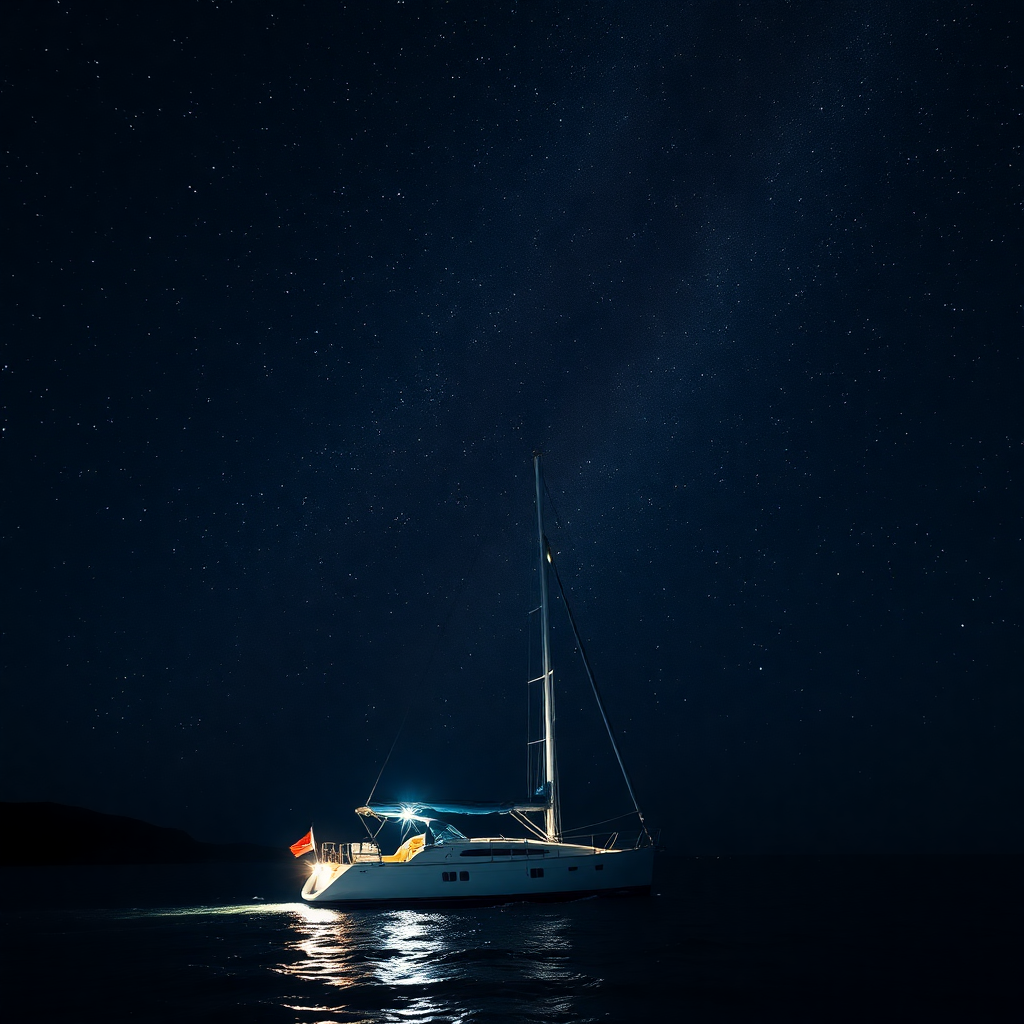 night sailing under stars, sailing yacht at night with navigation lights, milky way