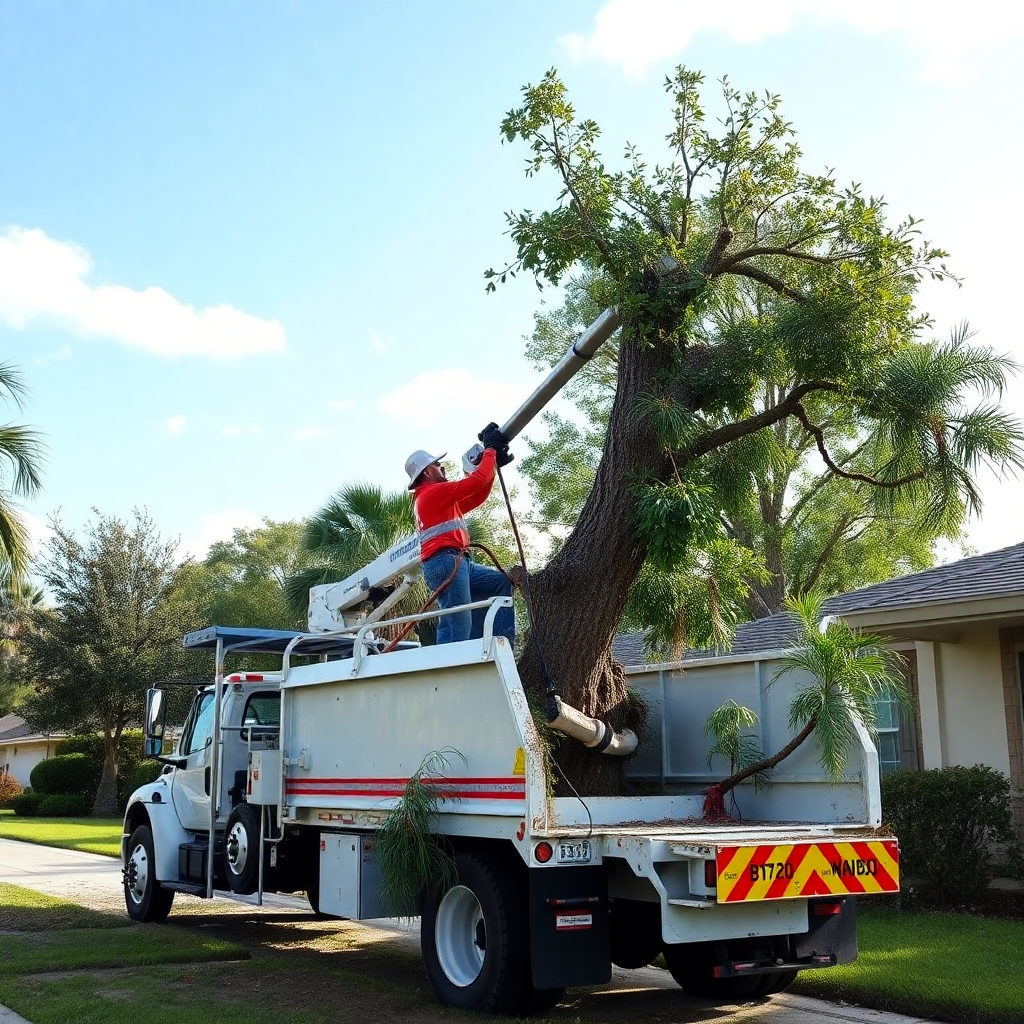 Commercial tree removal crew working with heavy machinery in a residential area of Tampa, professional video production style