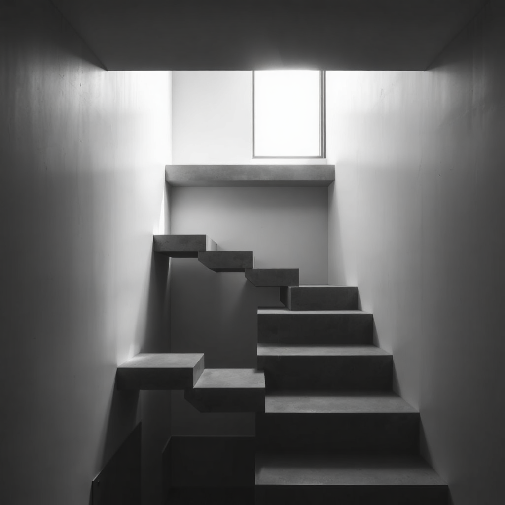 Japanese minimalist staircase architecture, concrete steps floating, side light from narrow window, shadow play, architectural photography black and white tones