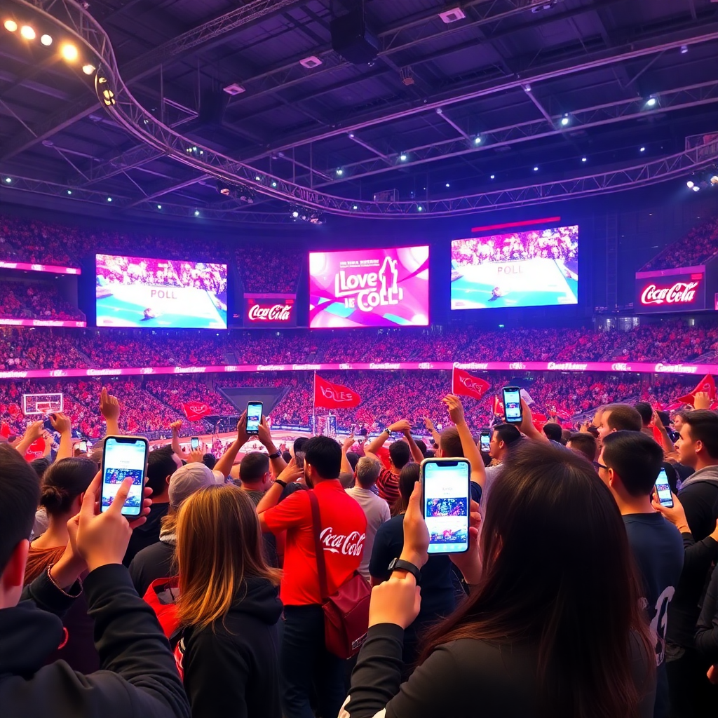 Paris La Défense Arena with excited fans participating in Coca-Cola branded games on their phones, large stadium screens showing live poll results, energetic crowd interaction, modern arena atmosphere