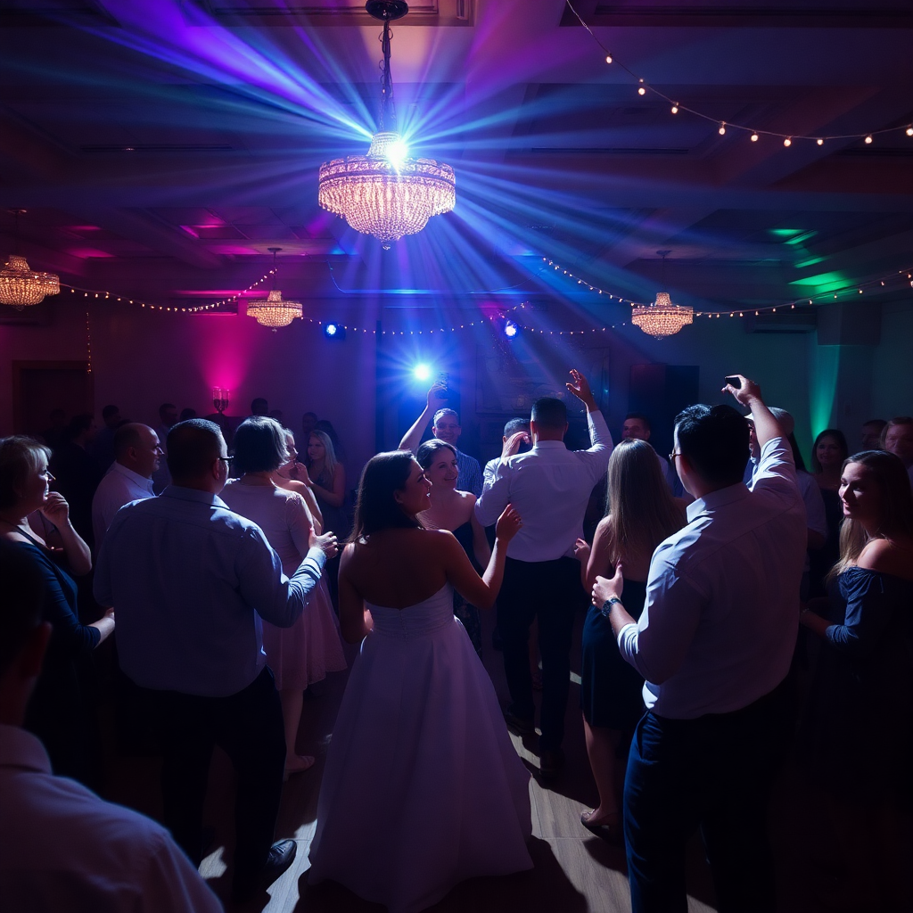 wedding reception dance floor guests celebrating party lights
