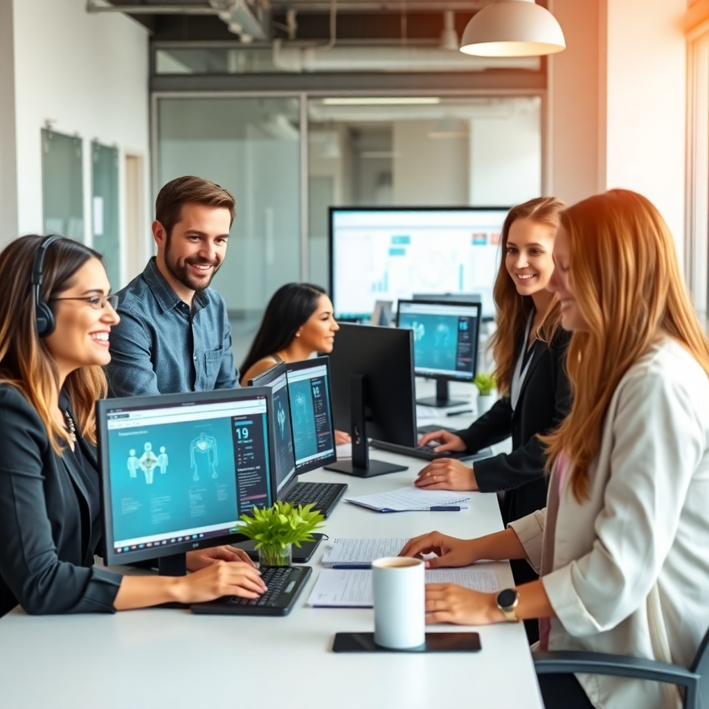 diverse group of professional software developers men and women working together in modern office developing healthcare management solutions, collaborative team environment, computers with medical software interfaces, professional business attire, bright modern office space