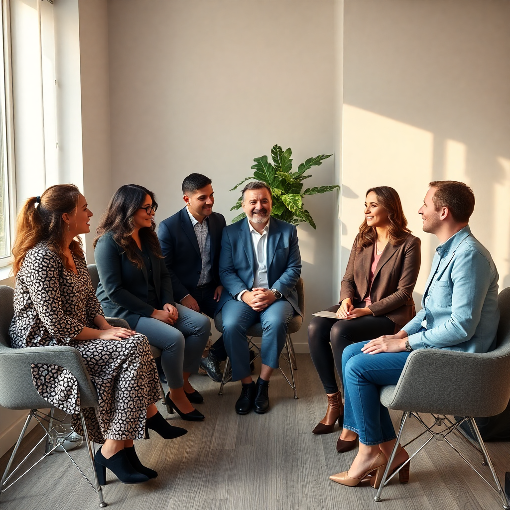 diverse group of professional psychologists and counselors collaborating in modern consultation room, warm natural lighting, professional photography