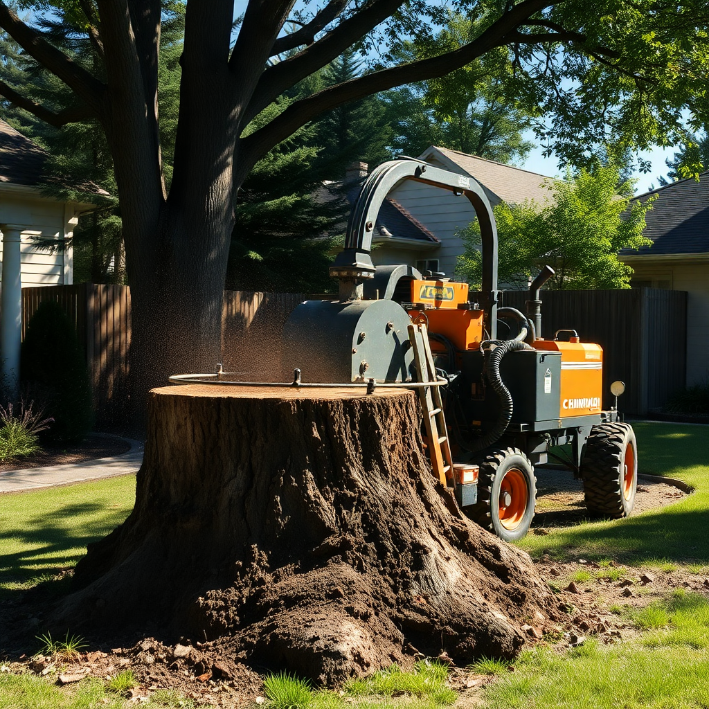 professional stump grinding machine working on a large tree stump in a residential yard, sunny day, cinematic high quality