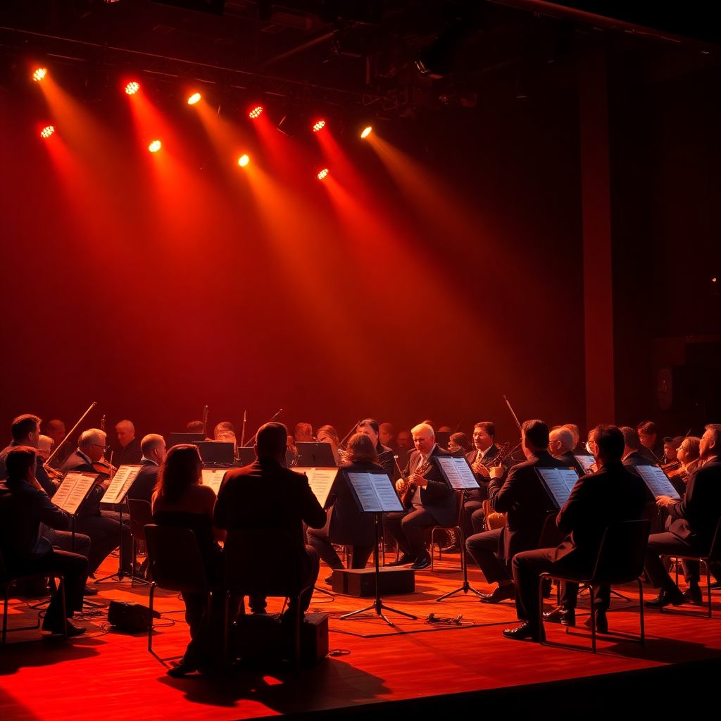 Orkest dat optreedt op een podium, dramatische belichting