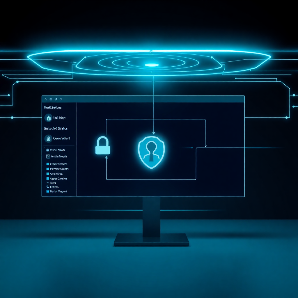secure remote desktop connection interface showing encrypted session, network connectivity, teal and dark theme technology UI