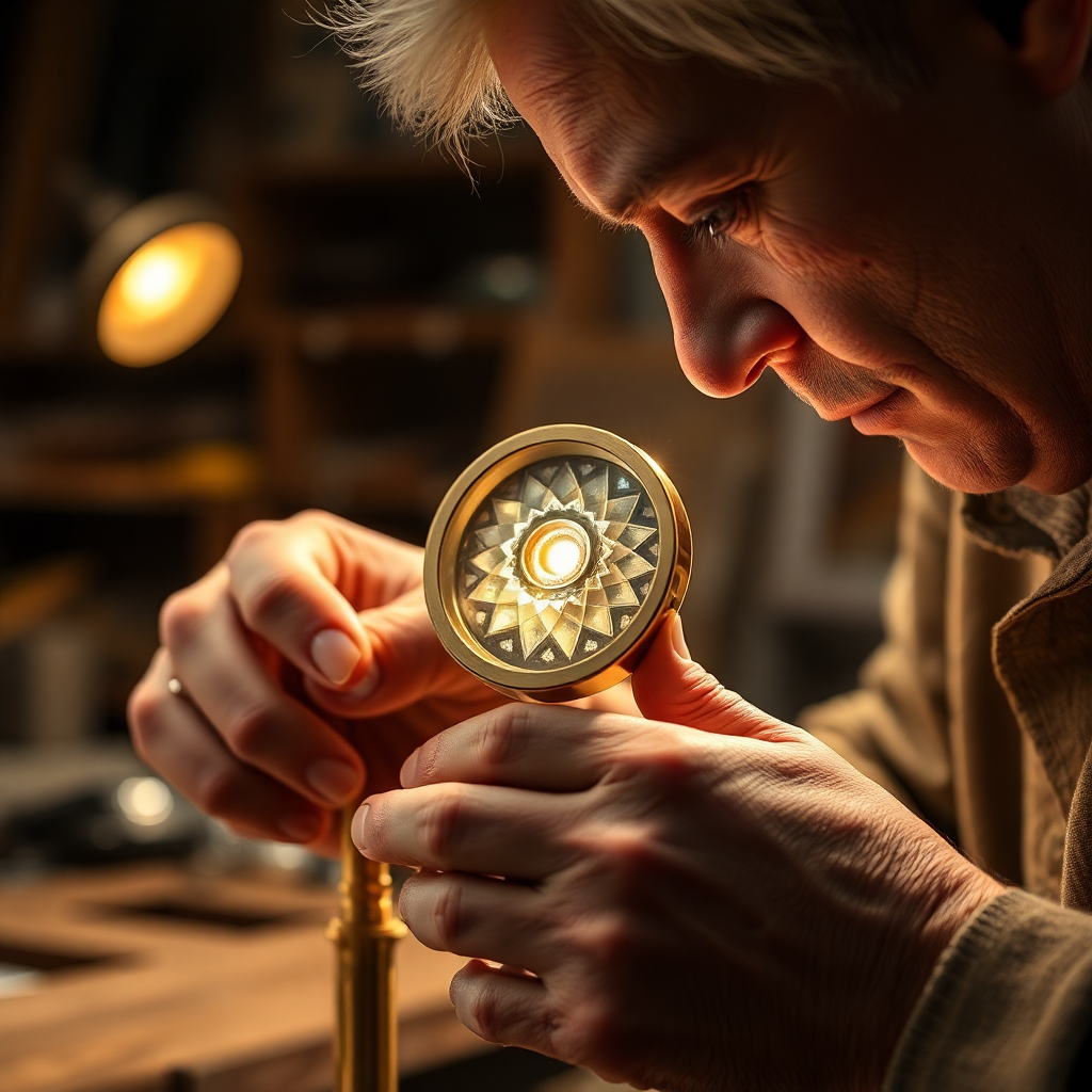 Artisan at work polishing a brass kaleidoscope, warm studio lighting, close-up on hands and craftsmanship