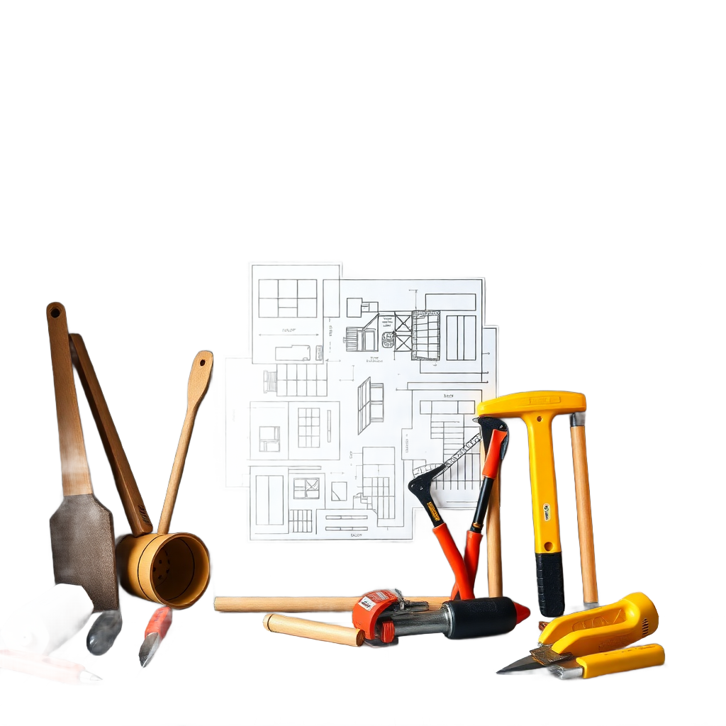 modern home renovation tools and blueprints, construction planning, home improvement without background