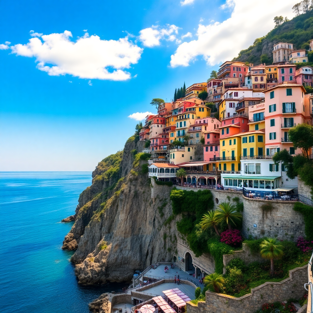 beautiful view of Amalfi Coast in Italy with colorful buildings on cliffs, sun-drenched, luxury travel photography