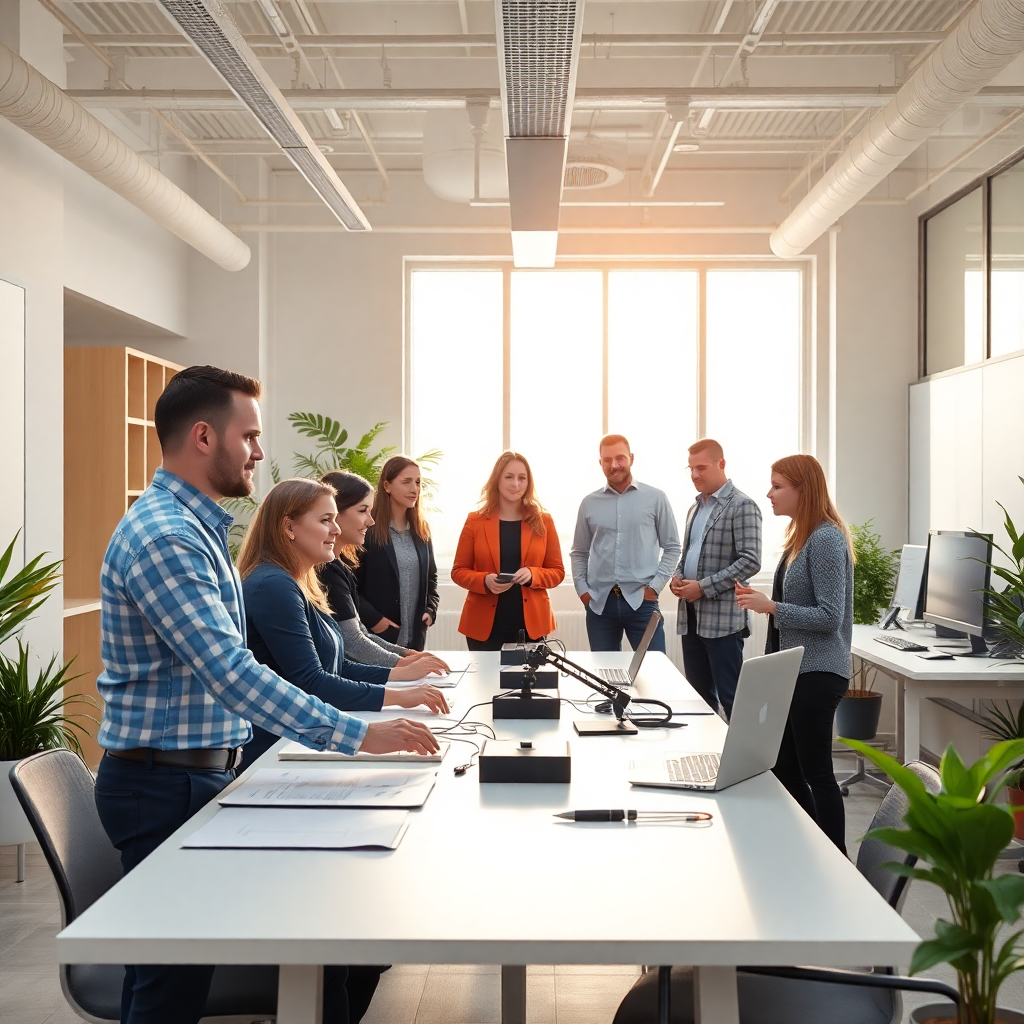 modern office environment with diverse team of professionals working on solar technology, bright and collaborative workspace
