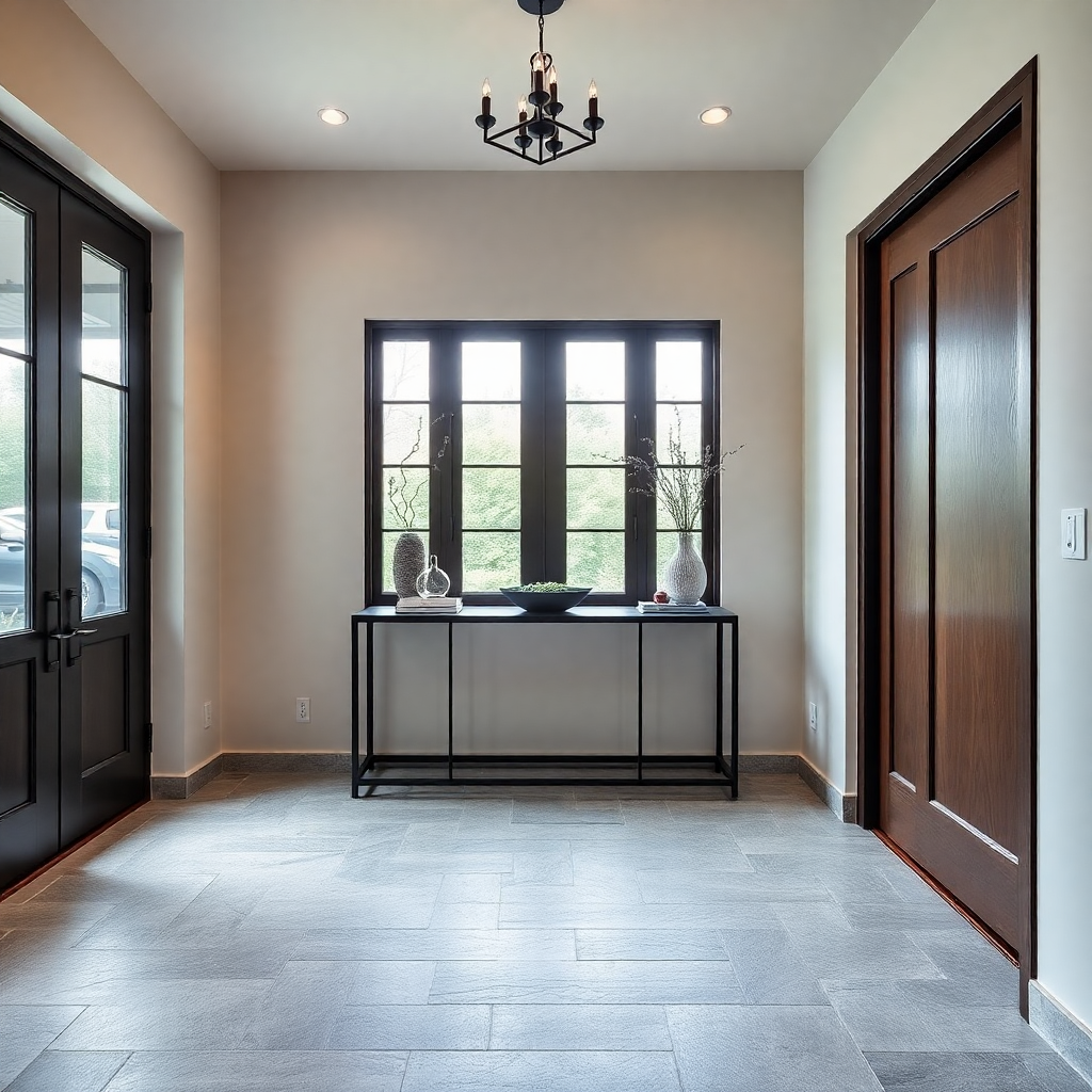 contemporary entryway with stone tiles, minimalist console table, warm lighting