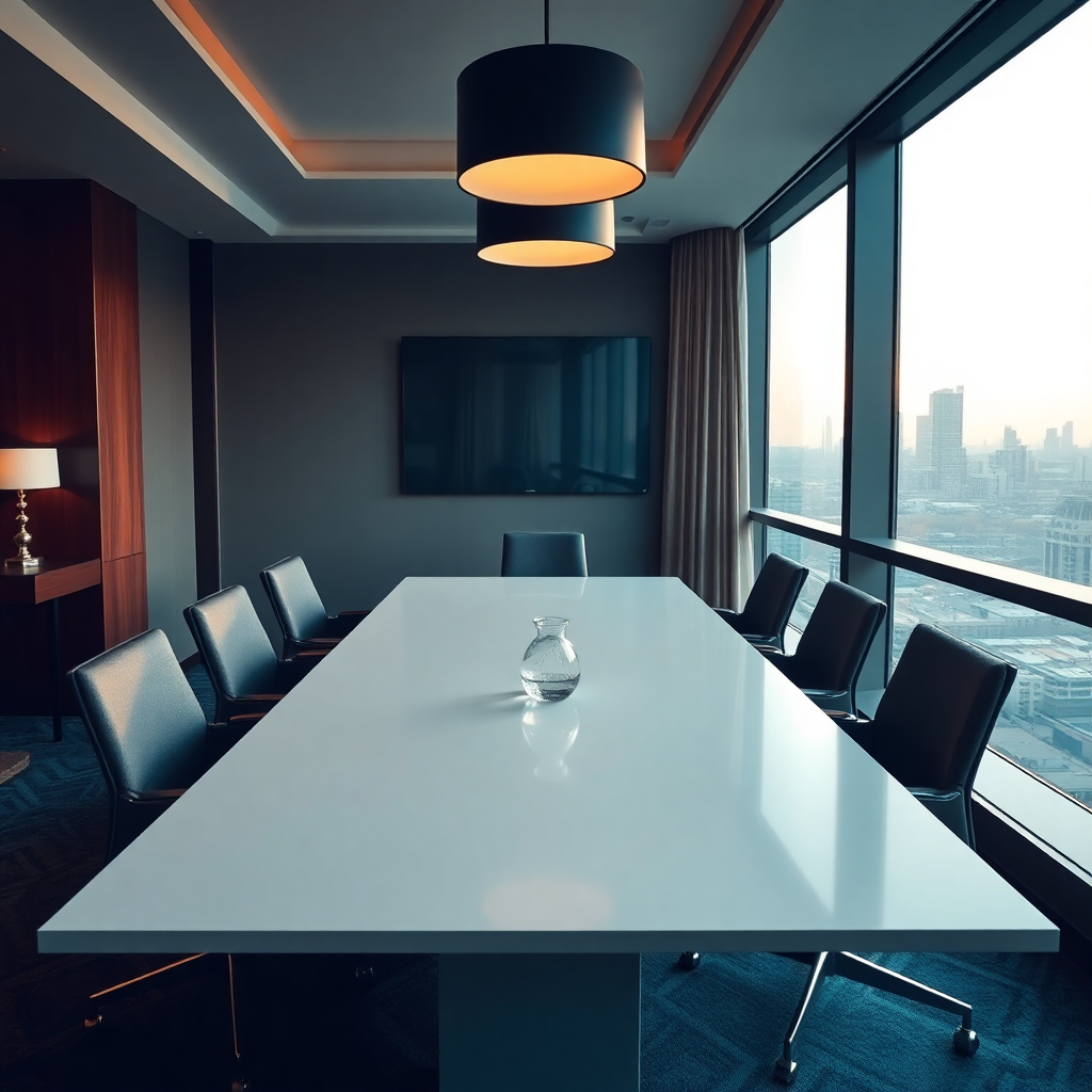 boutique hotel meeting room with conference table, modern chairs, city view