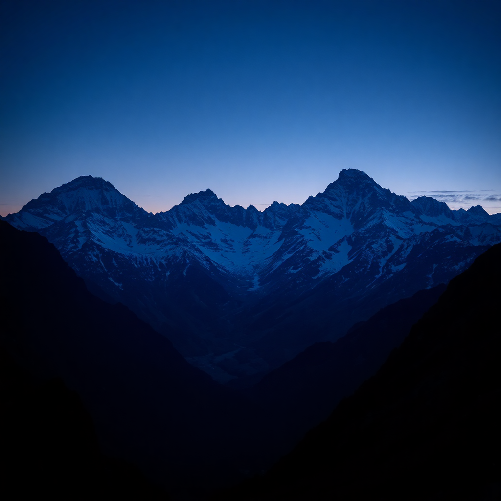 dramatic Andorra Pyrenees mountain peaks at dusk deep blue hour alpine landscape cinematic editorial photography ultra luxury