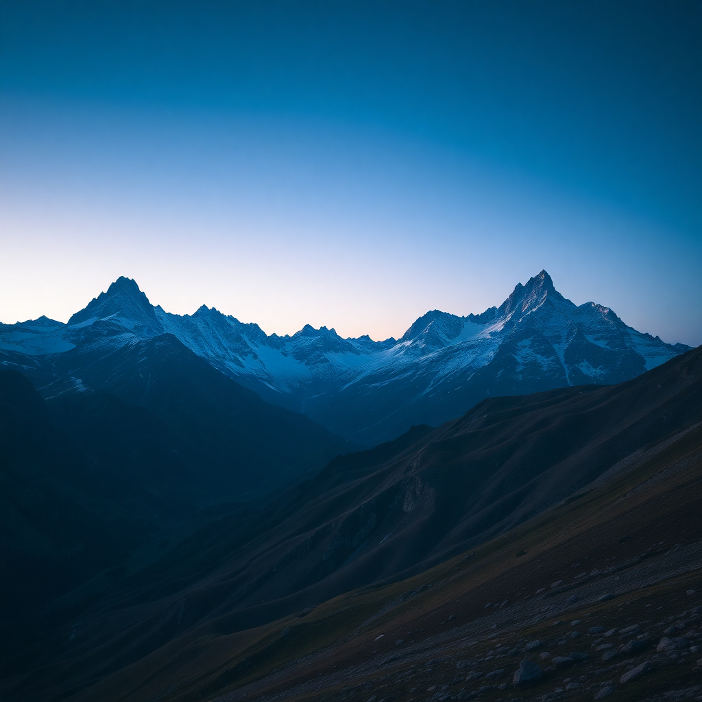 dramatic Andorra Pyrenees mountain peaks at dusk deep blue hour alpine landscape cinematic editorial photography ultra luxury