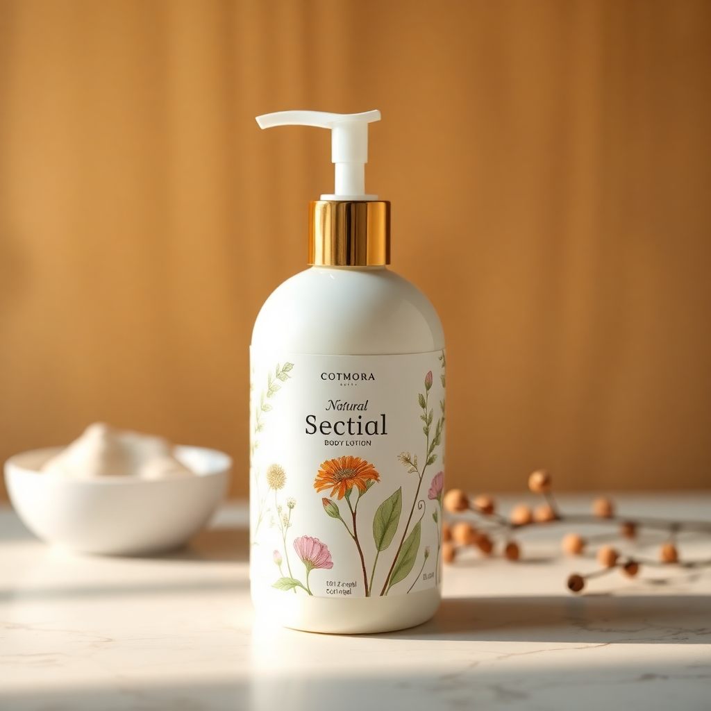 natural body lotion bottle, elegant design with botanical illustrations, warm aesthetic