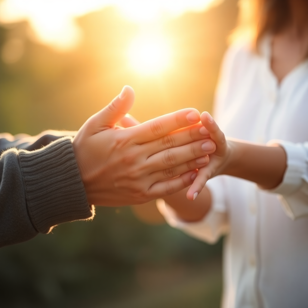 hands reaching out to help, caring gesture, warm golden light, compassionate moment