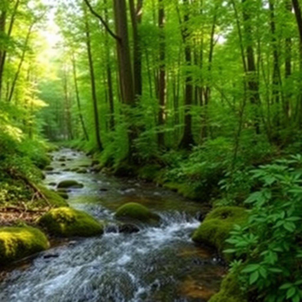 sustainable green forest ecosystem with clean water streams, pristine nature, biodiversity, environmental conservation, bright natural lighting