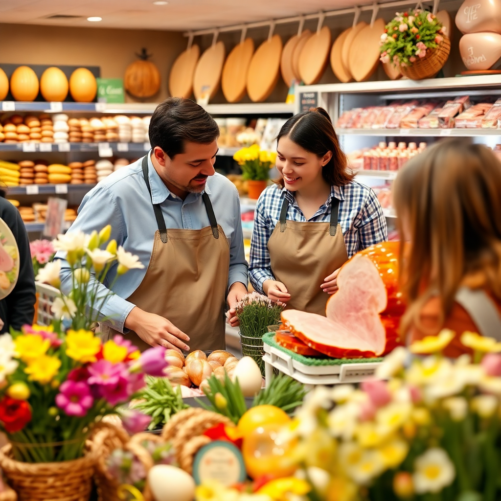Easter spring celebration at a butcher shop, glazed ham display, spring flowers, family shopping, bright warm photography