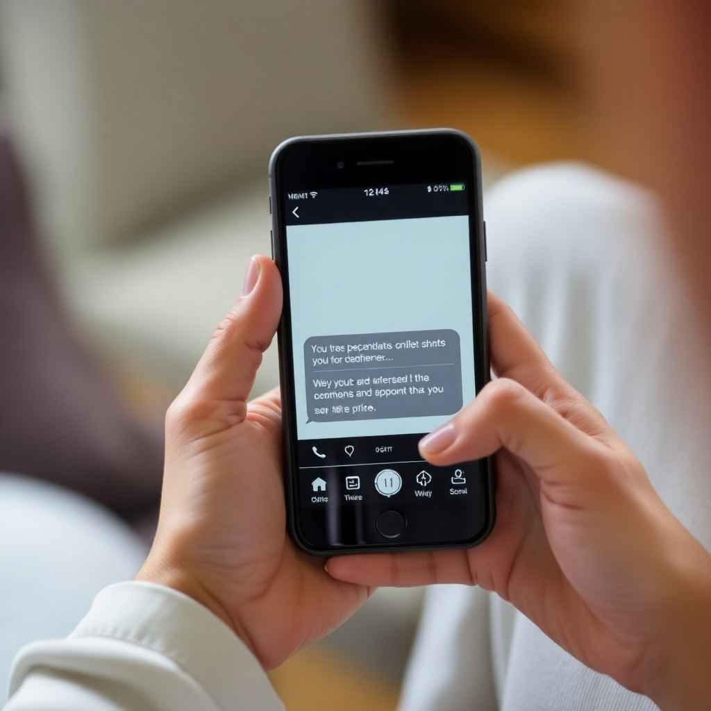 Person holding smartphone showing a shared link, sending message to friends, lifestyle shot