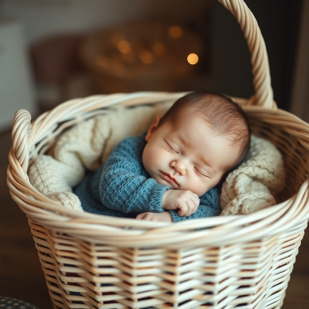 baby sleeping peacefully in white wicker basket, cozy atmosphere