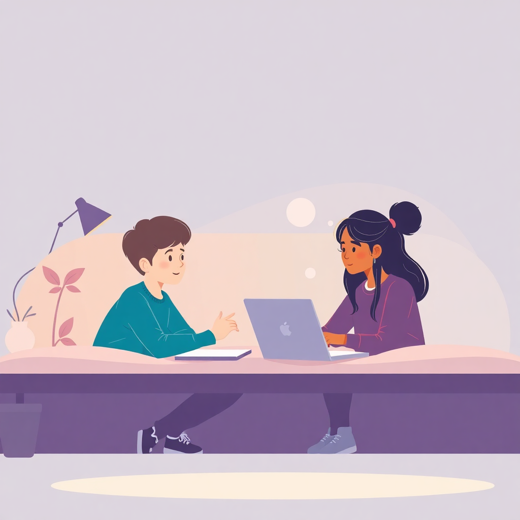 Technology and empathy concept, digital illustration, students connecting safely, warm modern design