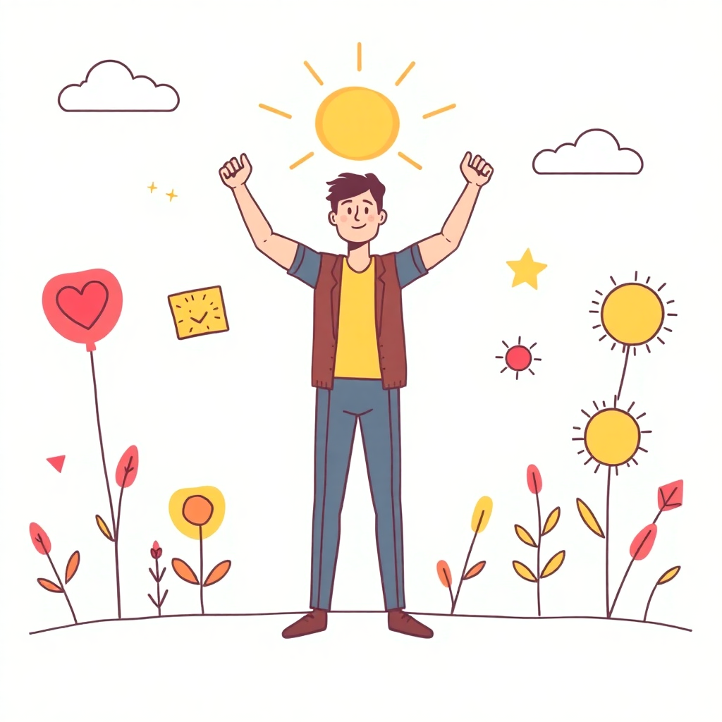 confidence building illustration with person standing strong and positive symbols