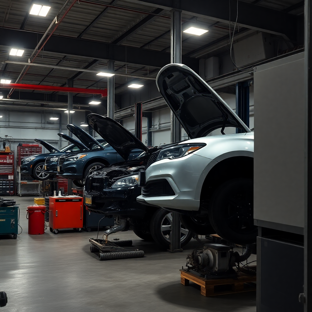 Taller industrial automotriz con maquinaria pesada