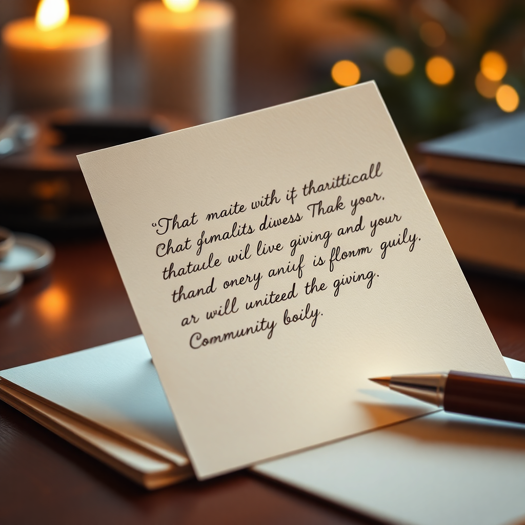 elegant handwritten note on quality stationery about charitable giving and community values, flowing script, warm ambient light