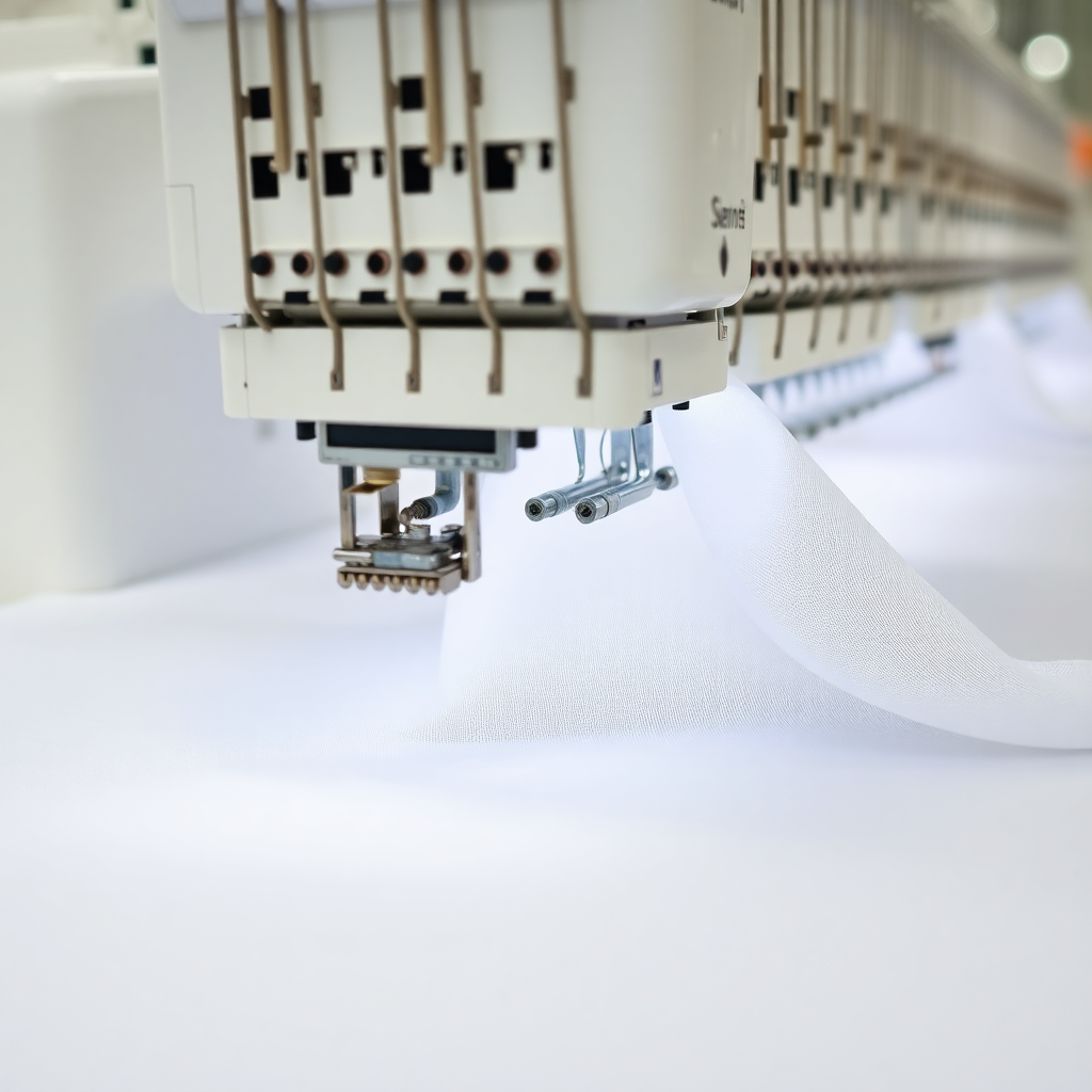 close up of embroidery machine working on fabric with high precision, industrial textile manufacturing
