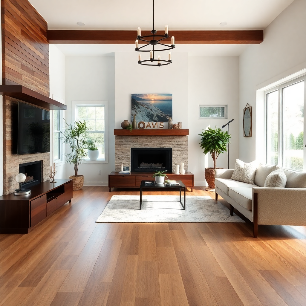 beautiful hardwood floor installation in contemporary living room with natural oak planks