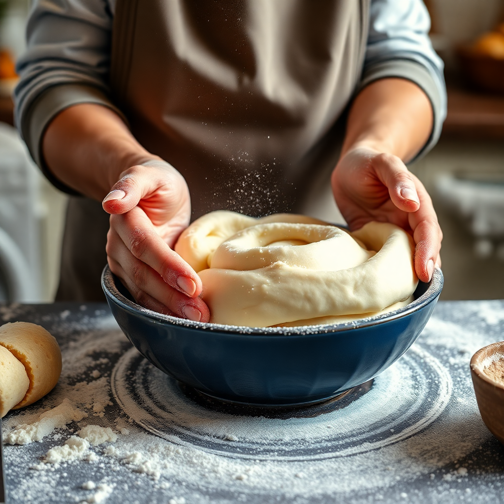 baker hands kneading dough with flour dusting in a cozy kitchen
