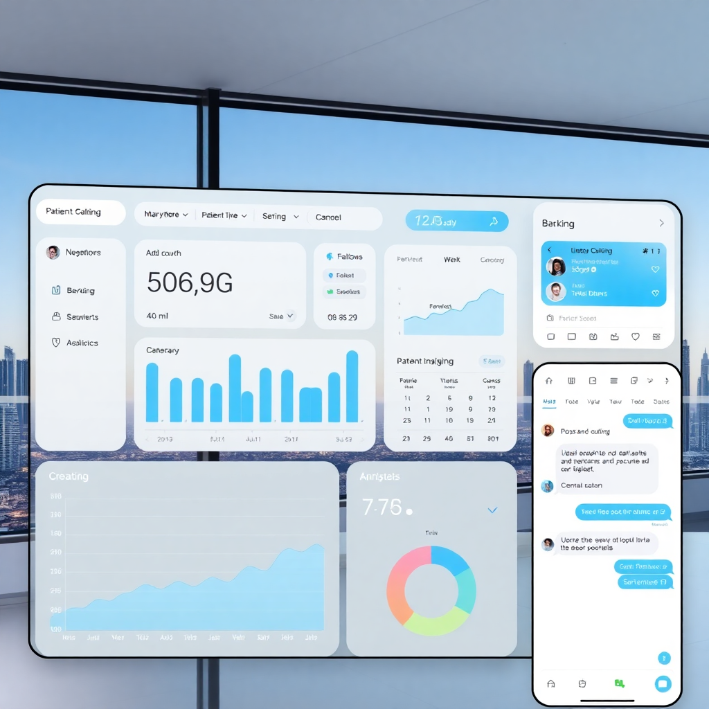 Modern dental clinic dashboard showing patient analytics, booking calendar, and AI chat interface with Dubai skyline in background