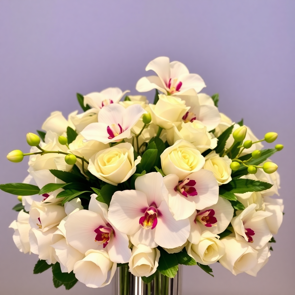 luxury floral arrangement with white roses and orchids