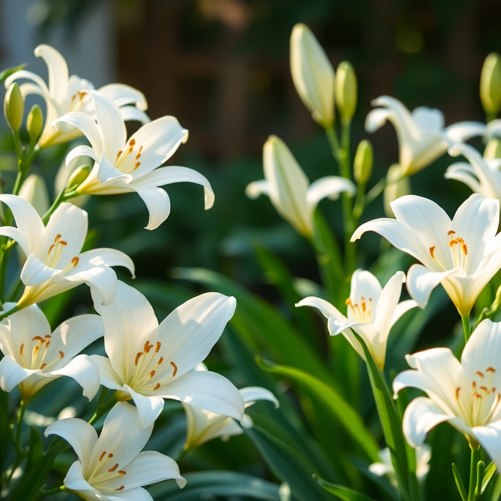 White lily flowers, soft lighting, peaceful garden, Islamic art style