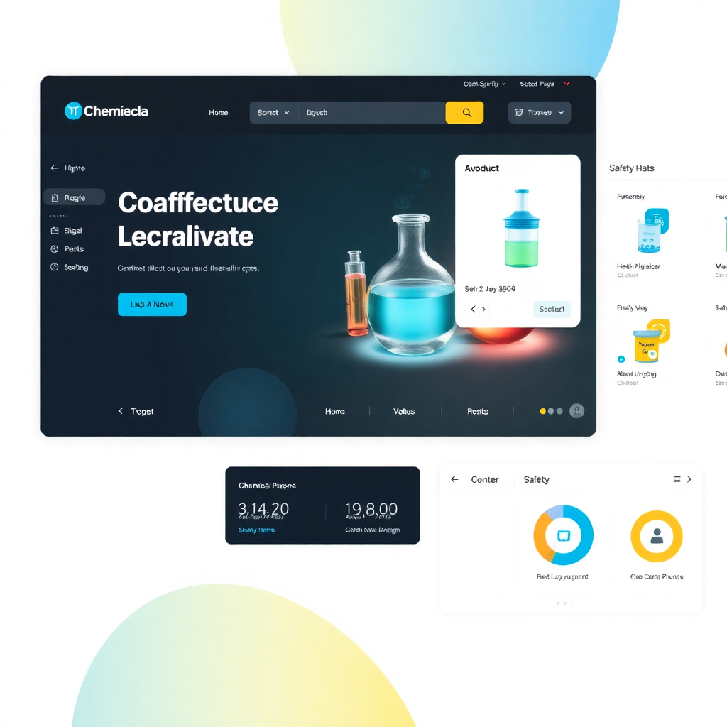 modern chemical laboratory e-commerce platform interface with product catalog and safety information dashboard, professional design