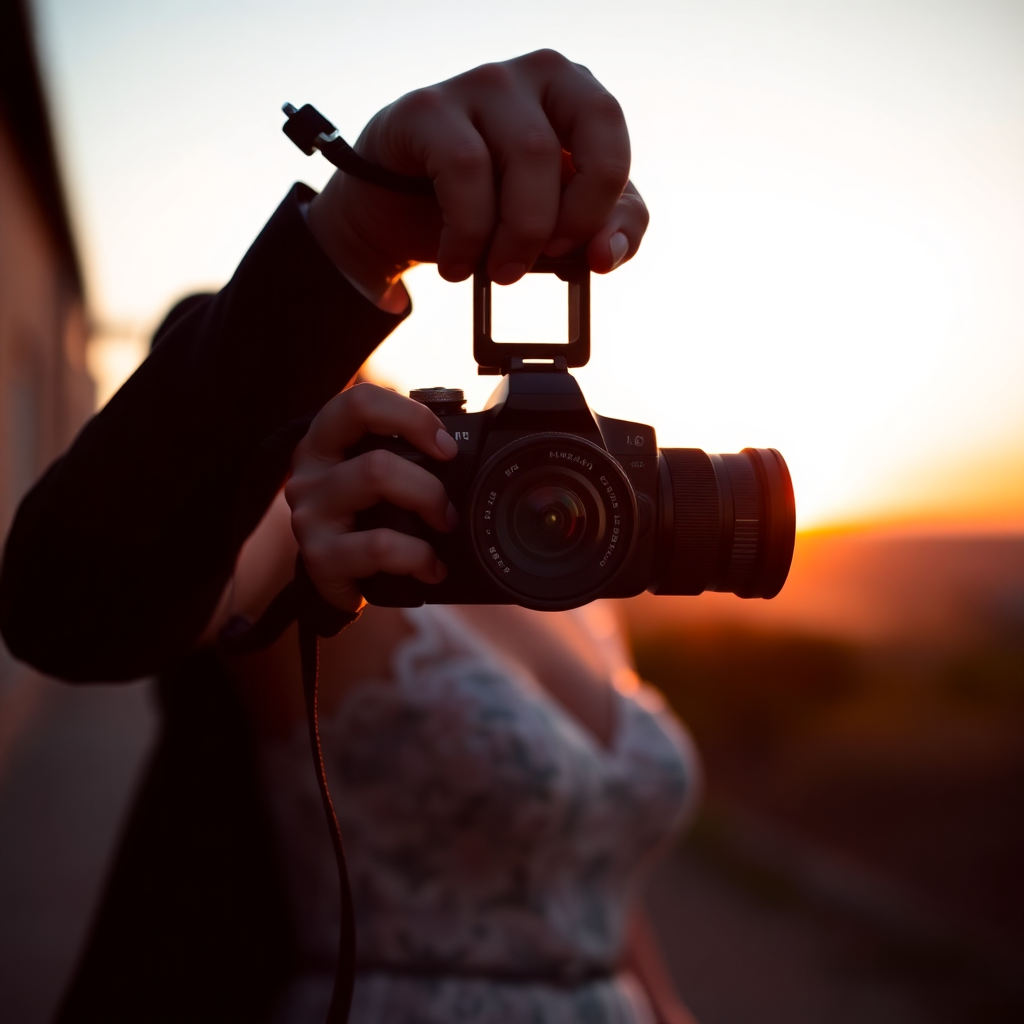 professional wedding photographer holding camera at sunset