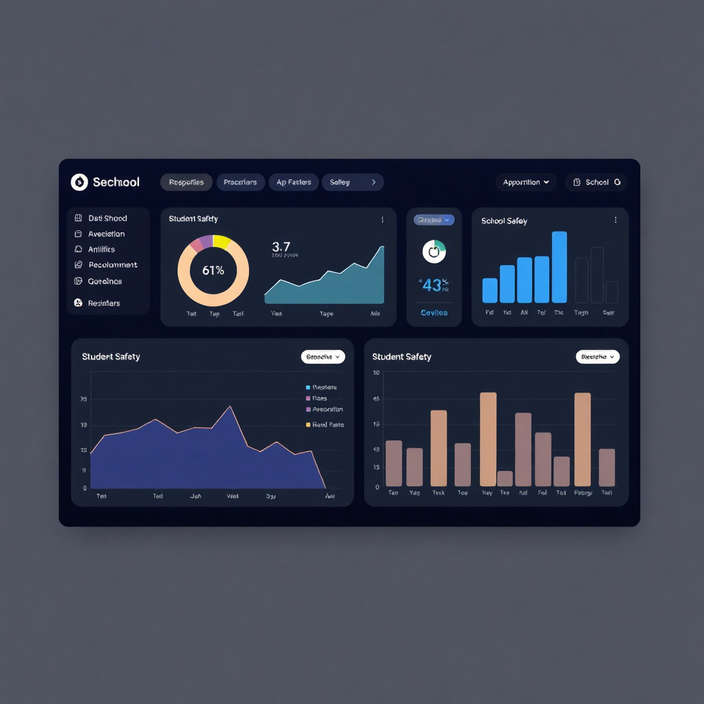 modern school dashboard interface with analytics charts and student safety metrics, clean design, professional education technology