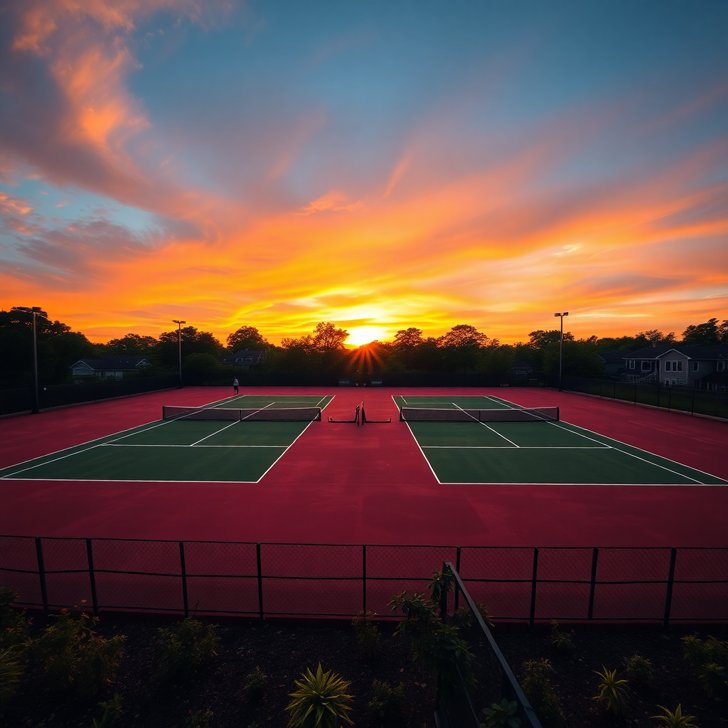 wide shot of tennis courts at sunset, silhouette of players, peaceful yet inspiring atmosphere, high quality