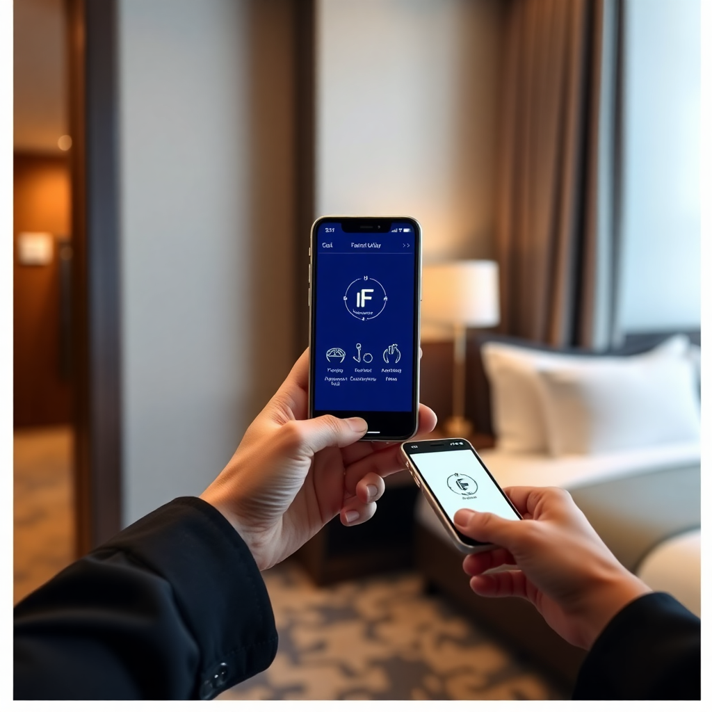 hotel guest scanning NFC tag for room service and amenities, luxury hospitality experience