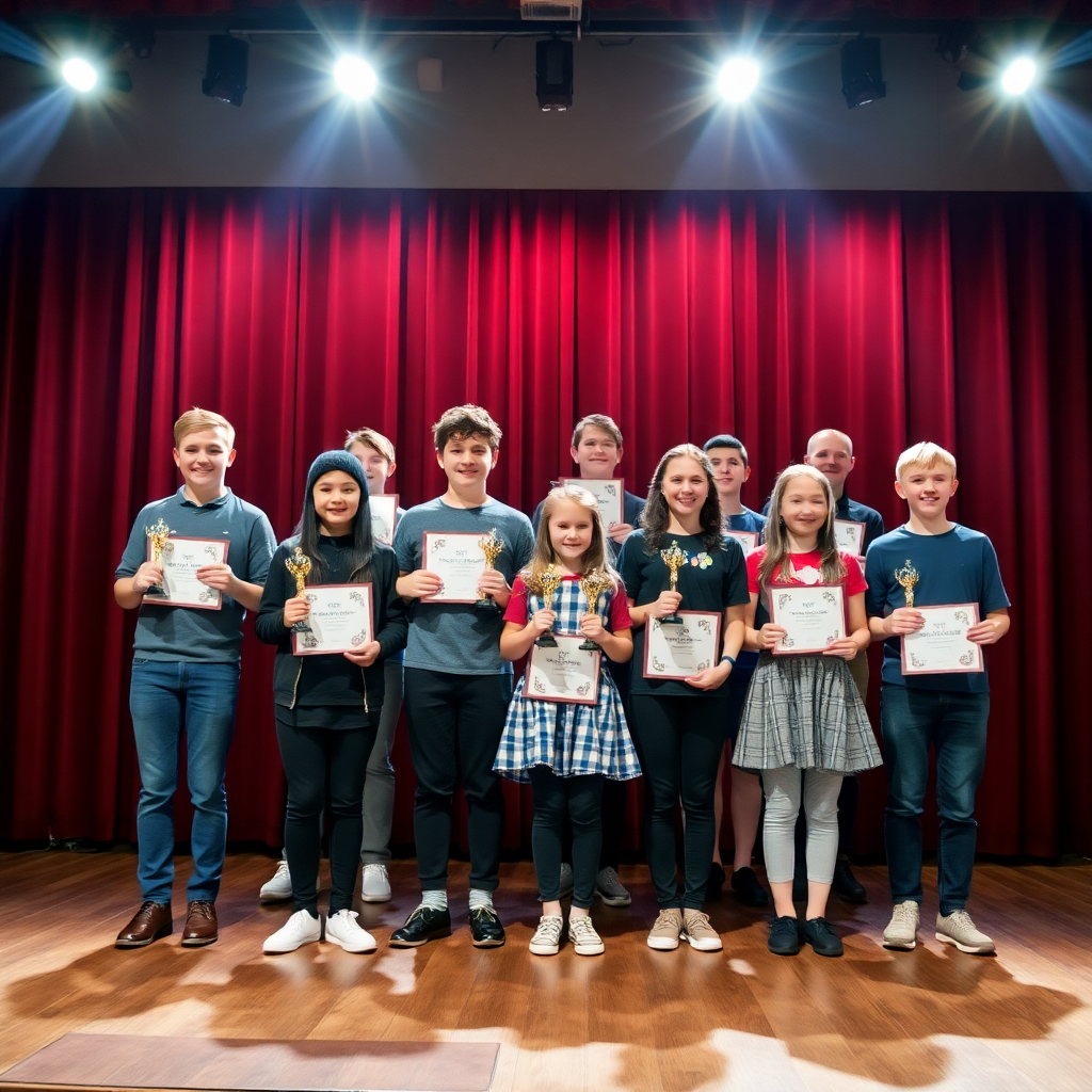 theater awards ceremony, students holding trophies and certificates, celebration on stage, proud moment with dramatic lighting