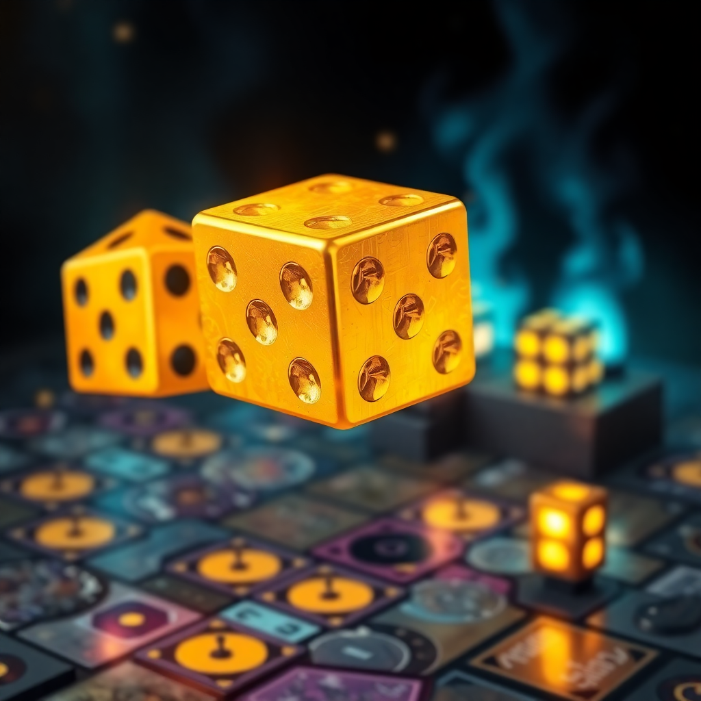minecraft golden dice floating above a magical game board with glowing effects, fantasy style
